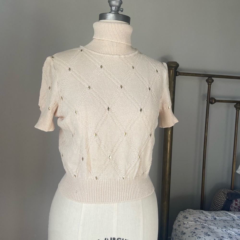 St. John knit turtleneck short sleeve sweater with gold embellishments size S